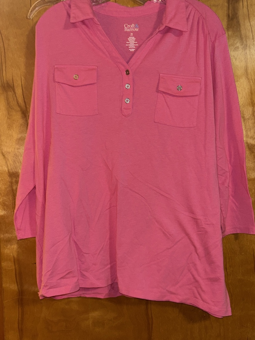 croft & barrow Bright Pink Split‑Neck Tunic with Chest Pockets